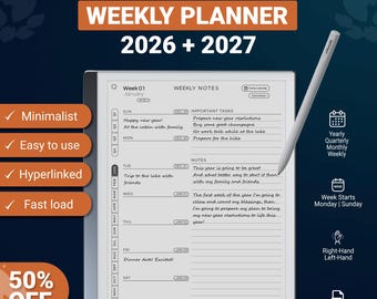 Planificador semanal reMarkable 2, Paper Pure y reMarkable Pro 2026-2027, plantilla PDF con hipervínculos