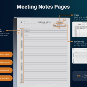 May include: A white digital notebook with a gray cover and a black spine. The notebook has a date section, a meeting notes section, and an index section. The notebook is designed for focus, easy learning, and intuitive navigation.