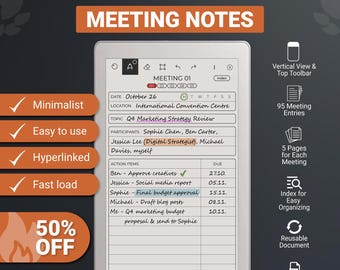 Meeting Notes for Remarkable Paper Pro Move Tablet, Hyperlinked PDF Minutes Notebook Template