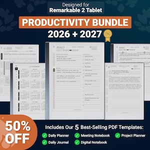 Modelli per Remarkable 2 Tablet 2026-2027 / Pacchetto produttività, agenda, diario, riunioni, progetti, PDF con collegamenti ipertestuali