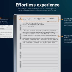 May include: A digital notebook with a sidebar and a page of meeting notes. The notes are titled "Search Engine Optimization" and include bullet points about keyword research and on-page optimization. The date is 04.04.24.