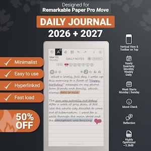 Daily Journal for Remarkable Paper Pro Move 2026-2027, hyperlinked PDF template, notes, diary