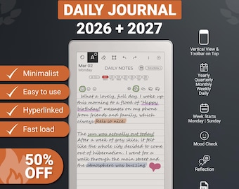 Daily Journal for Remarkable Paper Pro Move 2026-2027, hyperlinked PDF template, notes, diary