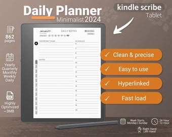 Kindle Scribe Daily Planner 2024, Kindle Scribe Templates, calendar, digital