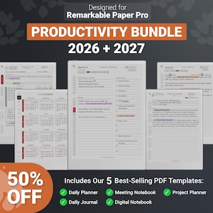 Templates for Remarkable Paper Pro Tablet 2026-2027 | Productivity Bundle, Planner, Journal, Meeting, Hyperlinked PDFs