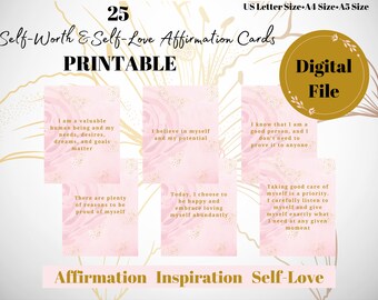 25 Daily Self-Worth and Self-Love Affirmation Cards Digital Download Inspiration Quotes