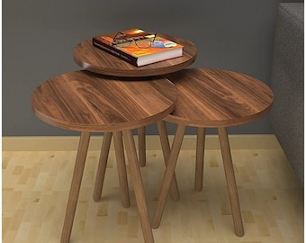 Rustic Walnut Nesting Coffee Table Set-Round Wooden Accent Tables, Space Saving Living Room Furniture