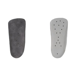 May include: Two shoe insoles are displayed against a white background. One insole is dark gray, the other is light gray. Both insoles have a series of small, evenly spaced holes. The insoles are shaped to fit the inside of a shoe.