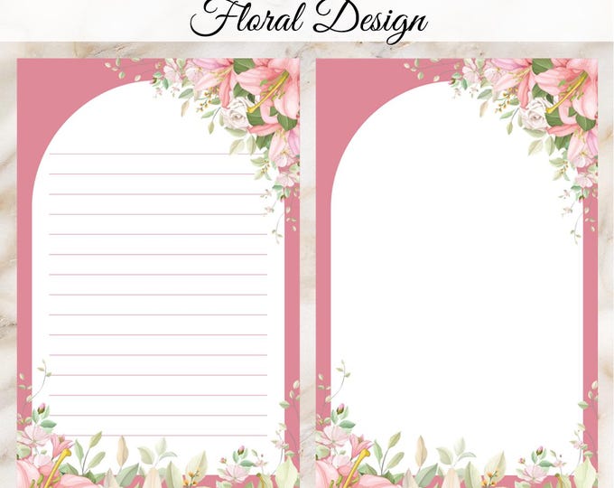 Printable Notepad Pink Floral Template Digital Download, Lines and Non ...