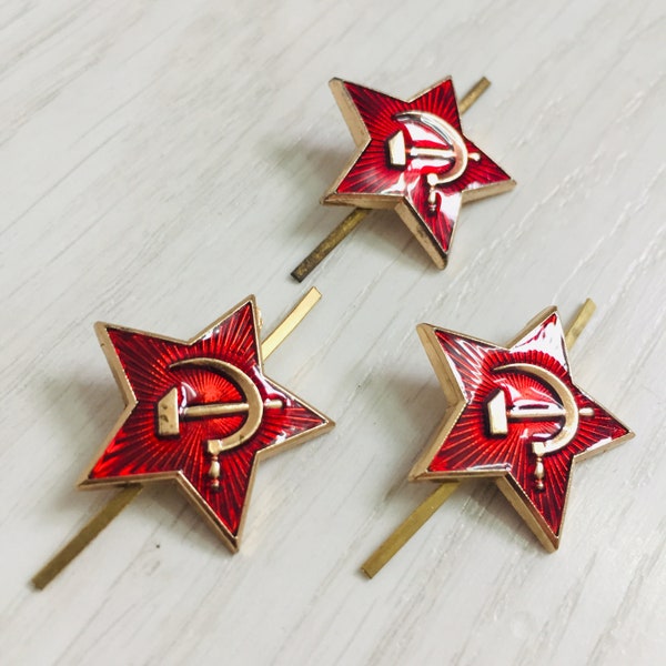 3 pcs. USSR Soviet Army Red Star Hat Cap Badge, Cockade, Enamel Pin Hammer & Sickle. Uniforms Russian soldiers USSR 1980s. Cold War era.