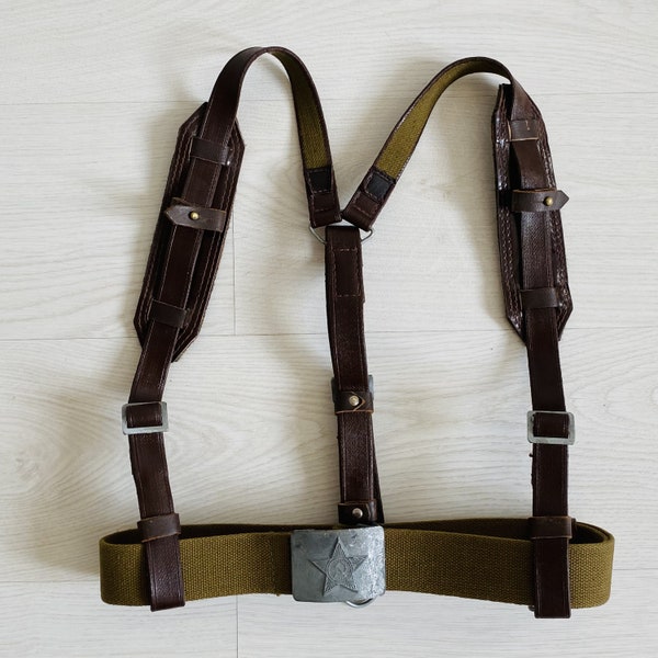 Soviet Army Set: Double-shoulder belt (suspenders) & Original soldier's Belt. Unloading shoulder belt system PLCE. Russian uniform USSR 70s.