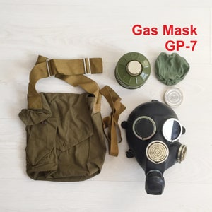 Original black Russian Military Gas Mask GP-7 with Bag. Full Set. Soviet Army Gas Mask. Vintage USSR surplus.