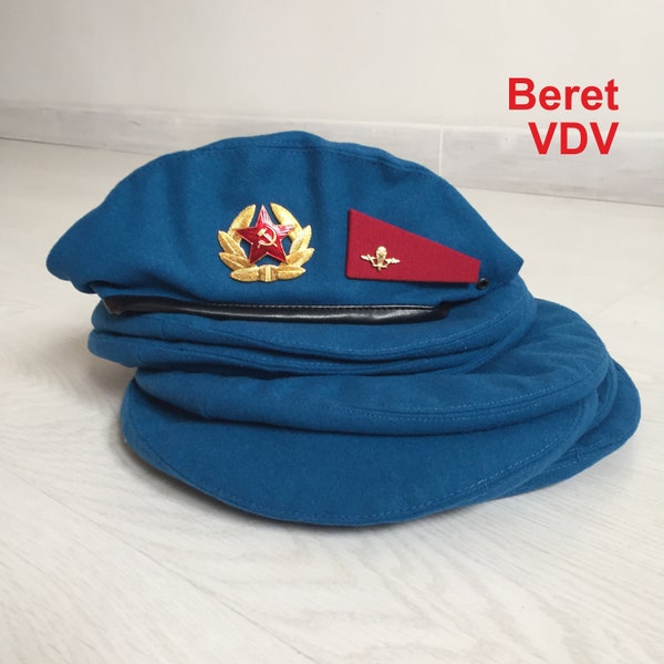 Soviet Blue Beret. Hat Margelov VDV. Uniform Airborne forces Army USSR. Paratrooper Cap USSR + Cockade + Red flag with Badge. New Old Stock.