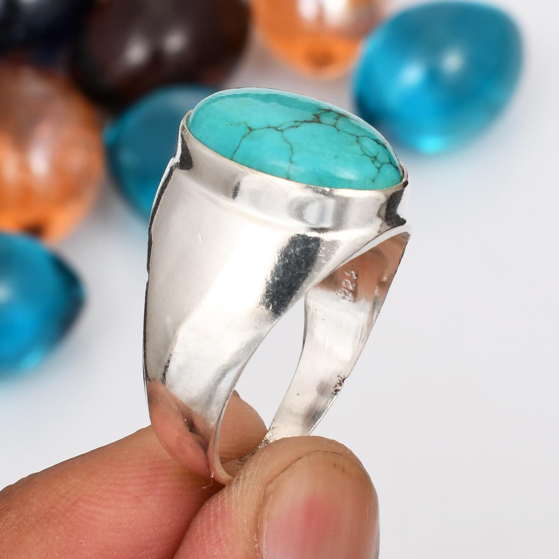 Blue Turquoise Oval Gemstone Men's Ring 925 Sterling Silver Jewelry for ...