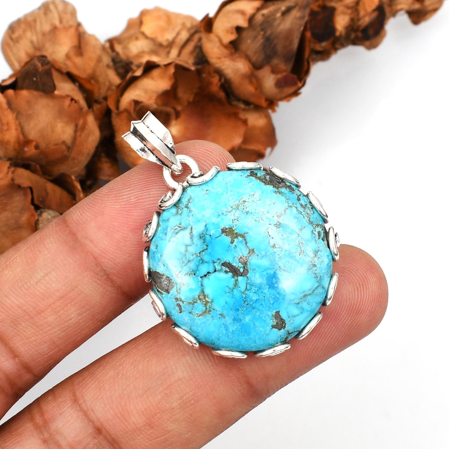 Turquoise Pendant Sterling Silver Round Gemstone Charm Necklace