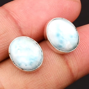 Blue Larimar Gemstone Silver Stud Earrings | 925 Sterling Silver | Stud Jewelry | Tiny Earrings | Silver Earrings Gift For Women & Girls