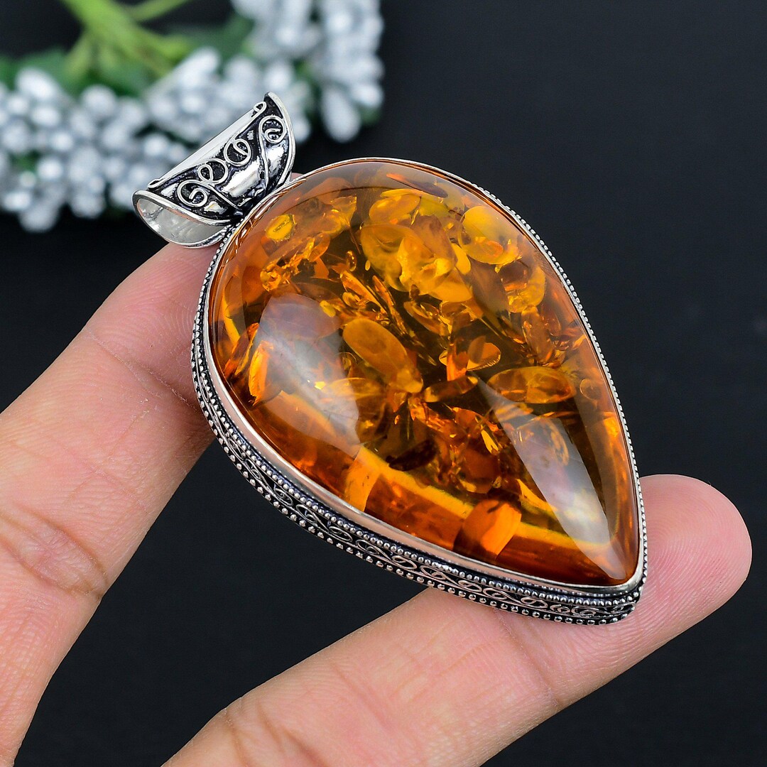 Baltic Amber Pear Gemstone Pendant 925 Sterling Silver Jewelry - Etsy