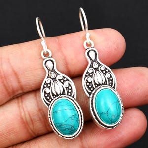 Blue Turquoise Gemstone Silver Earrings | 925 Sterling Silver | Oval Shape Gemstone | Dangle Drop Earrings Jewelry Gift For Women & Girls