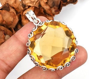 Citrine Round Gemstone Necklace Pendant 925 Sterling Silver Jewelry For Her/Him