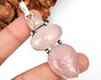 Rose Quartz Gemstone Necklace Pendant 925 Sterling Silver Jewelry