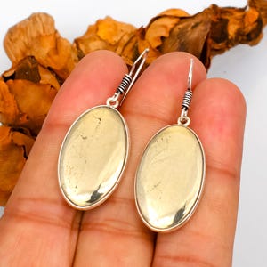 Può includere: Un paio di orecchini ovali con montatura argentata e centro color oro chiaro. Gli orecchini hanno una chiusura a gancio con un design a spirale. Lo sfondo è chiaro con alcune foglie secche.