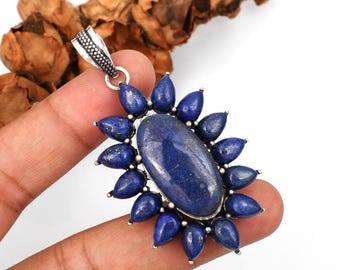 Lapis Lazuli Gemstone Necklace Pendant 925 Sterling Silver Jewelry For Her/Him