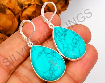 Pendientes colgantes de turquesa en forma de lágrima, joyería de plata de ley 925 para mujeres y niñas.