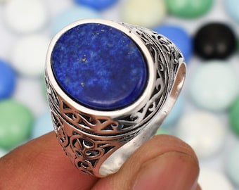 Anillo de lapislázuli estilo otomano para hombre, joyería de plata de ley 925.