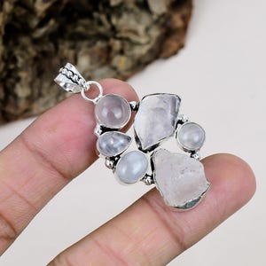 Sterling Silver Moonstone Rose Quartz Pendant, Raw Gemstone Necklace, Boho Statement Jewelry