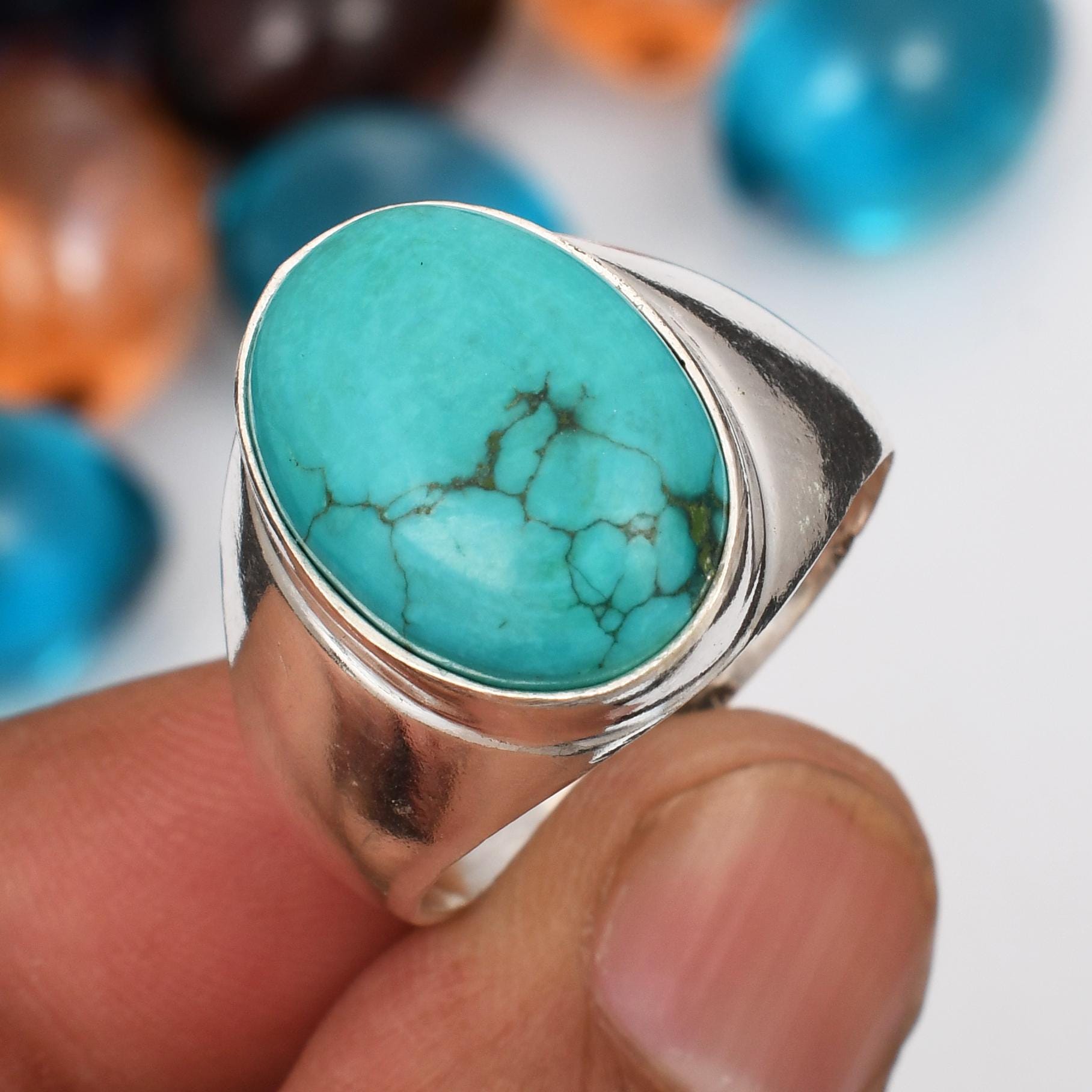 Blue Turquoise Oval Gemstone Men's Ring 925 Sterling Silver Jewelry for ...