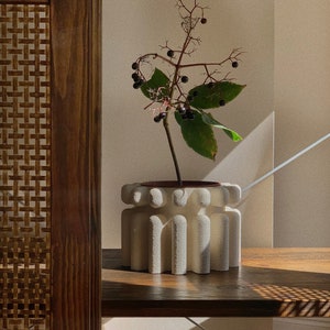 May include: A white ceramic planter with a unique geometric design holds a small plant with dark berries and green leaves. The planter is sitting on a wooden shelf.