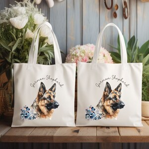 Personalized German Shepherd Floral Tote Bag, Dog Lover Canvas Bag, Custom Shepherd Mom Gifts, German Shepherd and Blue Flowers Tote Bags