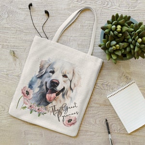 Personalized Great Pyrenees Floral Tote Bag, Dog Lover Canvas Bag, Great Pyrenees Mom Gifts, Custom Great Pyrenees and Poppies Canvas Tote,