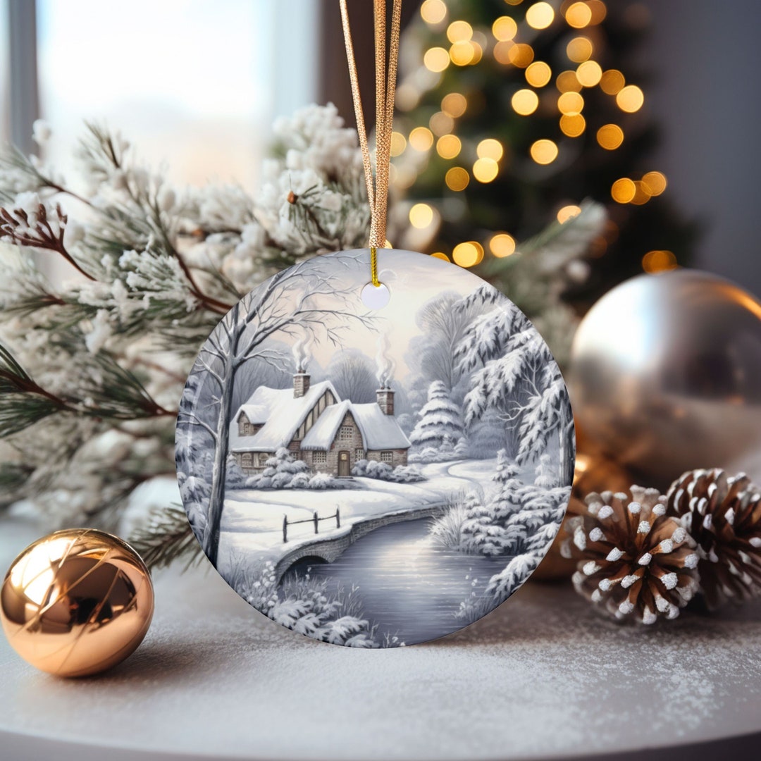 White Christmas Cottage Ornament, Beautiful Cottage by River Ornament ...