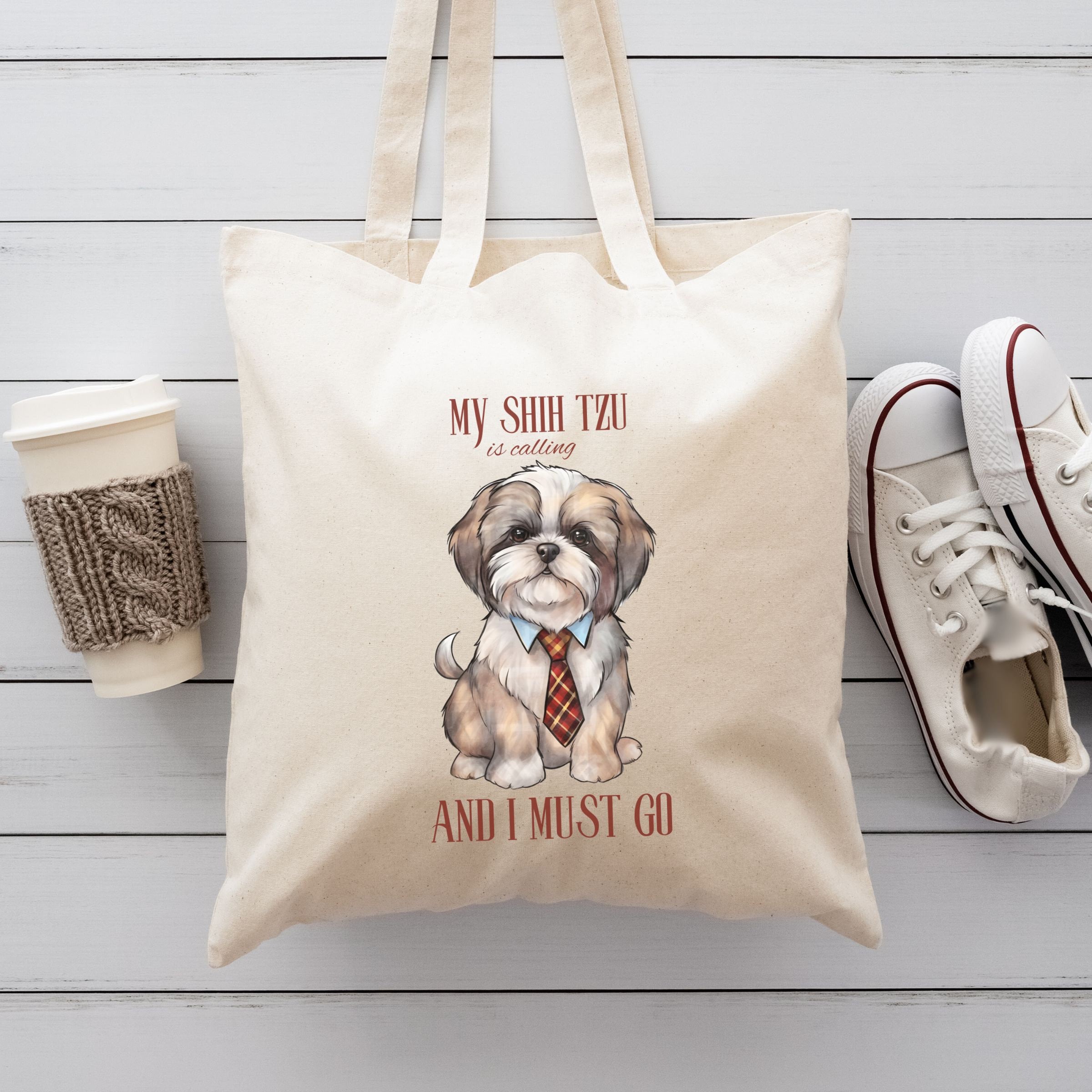 Shih Tzu Mama Canvas Tote Bag - Large 14x16" Dog Lover Gift For Women, School, Travel (White)