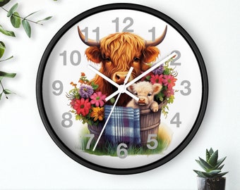Highland Cow & Calf Wall Clock: Farmhouse Home Decor