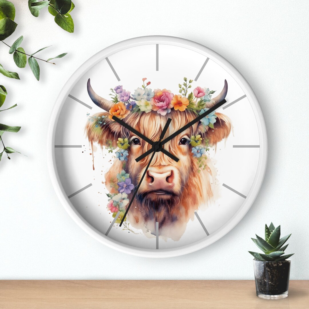 Highland Cow Wall Clock, Highland Cow Gift, Floral Highland Cow, Farm