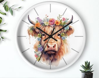 Floral Highland Cow Wall Clock, Highland Cow Gifts, Cottage Core, Farmhouse Clock, Country Decor, FarmStyle Decor, Highland Cow Lover Gifts