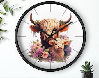 Floral Highland Cow Wall Clock: Farmhouse Decor