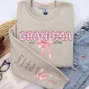 Custom Grandma Sleeve Print Sweatshirt, Grandkids Names on Sleeve, Granny Sweater, Pink Bow Grandma Sweater, Pretty Pink Bow Grandma Gift