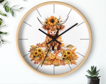 Floral Highland Cow Wall Clock: Farmhouse Country Decor