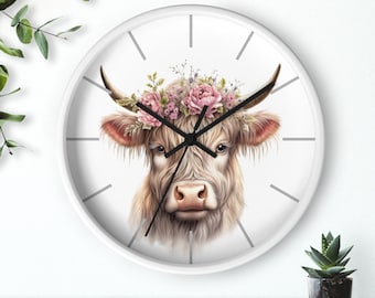 Highland Cow Wall Clock, Highland Cow Gift, Floral Highland Cow, Farm Core Clock, Country Decor, Farmhouse Decor, Highland Cow Lover Gift
