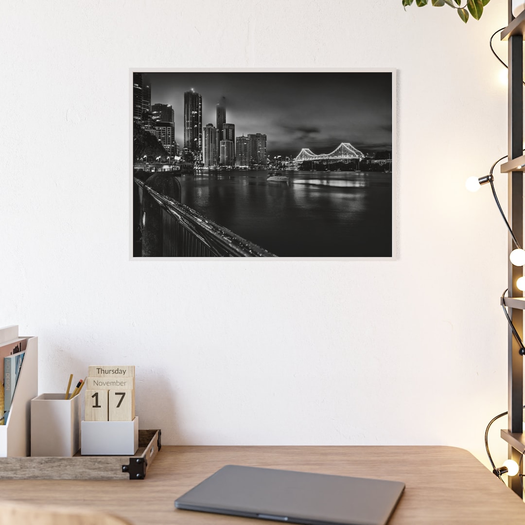 Brisbane Poster With Wooden Frame Brisbane River Night Lights Etsy