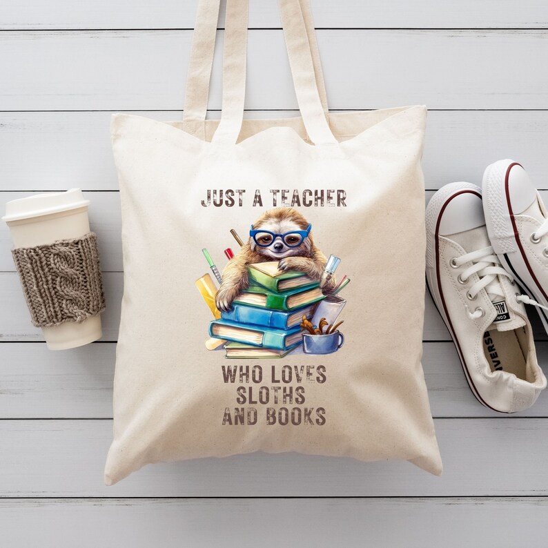 Sloth Canvas Tote Bag, Teacher Loves Sloths and Books Canvas Tote Bag ...