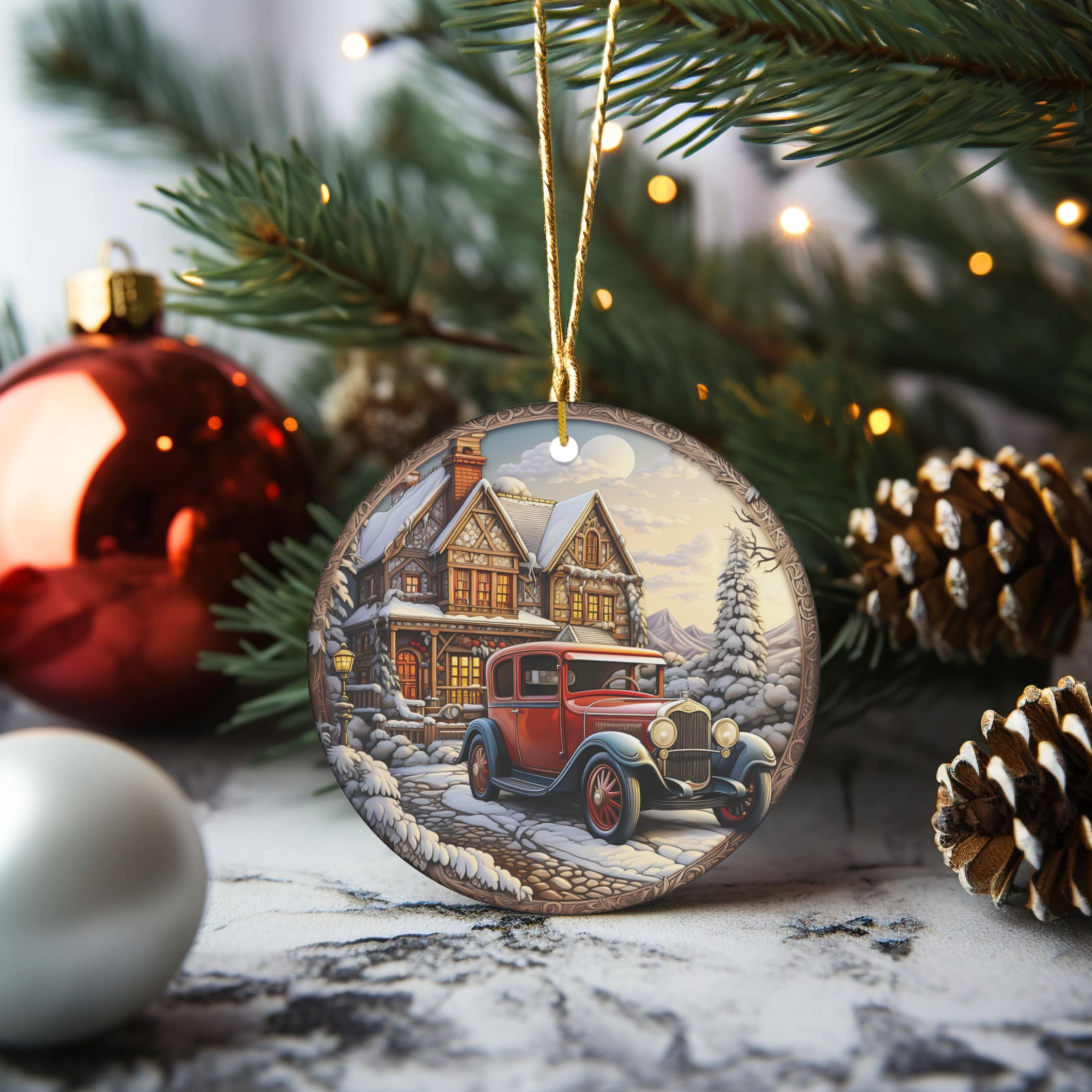 Vintage Car Christmas Ornament Wintery Christmas Vintage Car Round Ceramic Ornament Gifts