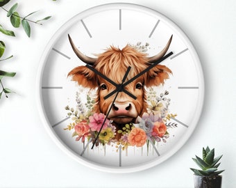 Floral Highland Cow Wall Clock: Farmhouse Country Decor