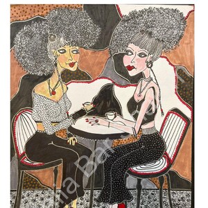 An acrylic and watercolorand ink pens painting, on a high quality paper. Two elegant, stylish women in a meeting. By Dalia Bar Shalom
