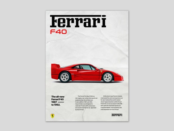 Ferrari F40 Car Poster Car Poster Ferrari Poster Italy F40 Print Car Art 
