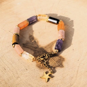 Adjustable elastic bracelet in 6 mm semi-precious stones - stainless steel clasp