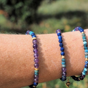 Adjustable elastic Lapis bracelet in 4 mm semi-precious stones - stainless steel clasp